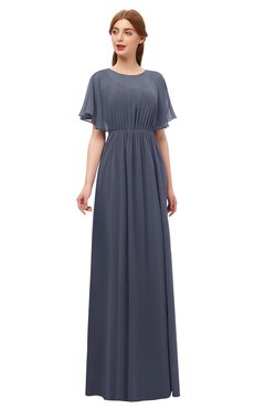 ColsBM Darcy Nightshadow Blue Bridesmaid Dresses Pleated Modern Jewel Short Sleeve Lace up Floor Length