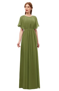 ColsBM Darcy Olive Green Bridesmaid Dresses Pleated Modern Jewel Short Sleeve Lace up Floor Length