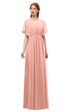 ColsBM Darcy Peach Bridesmaid Dresses Pleated Modern Jewel Short Sleeve Lace up Floor Length