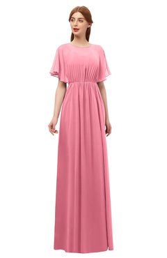ColsBM Darcy Watermelon Bridesmaid Dresses Pleated Modern Jewel Short Sleeve Lace up Floor Length
