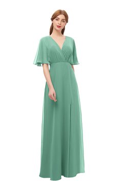 ColsBM Dusty Beryl Green Bridesmaid Dresses Pleated Glamorous Zip up Short Sleeve Floor Length A-line