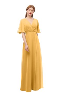ColsBM Dusty Golden Cream Bridesmaid Dresses Pleated Glamorous Zip up Short Sleeve Floor Length A-line