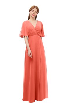ColsBM Dusty Living Coral Bridesmaid Dresses Pleated Glamorous Zip up Short Sleeve Floor Length A-line