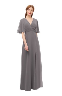 ColsBM Dusty Ridge Grey Bridesmaid Dresses Pleated Glamorous Zip up Short Sleeve Floor Length A-line