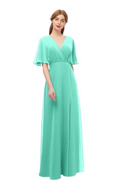 ColsBM Dusty Seafoam Green Bridesmaid Dresses Pleated Glamorous Zip up Short Sleeve Floor Length A-line