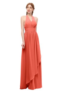 ColsBM Olive Living Coral Bridesmaid Dresses V-neck Zipper Pleated Sexy Floor Length A-line