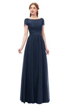 ColsBM Ellery Navy Blue Bridesmaid Dresses A-line Half Backless Elegant Floor Length Short Sleeve Bateau