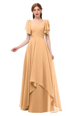 ColsBM Bailee Apricot Bridesmaid Dresses Floor Length A-line Elegant Half Backless Short Sleeve V-neck