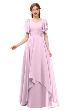 ColsBM Bailee Baby Pink Bridesmaid Dresses Floor Length A-line Elegant Half Backless Short Sleeve V-neck