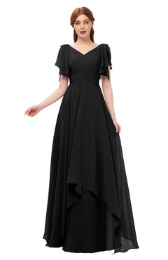 ColsBM Bailee Black Bridesmaid Dresses Floor Length A-line Elegant Half Backless Short Sleeve V-neck