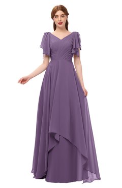 ColsBM Bailee Chinese Violet Bridesmaid Dresses Floor Length A-line Elegant Half Backless Short Sleeve V-neck