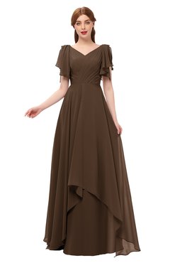ColsBM Bailee Chocolate Brown Bridesmaid Dresses Floor Length A-line Elegant Half Backless Short Sleeve V-neck