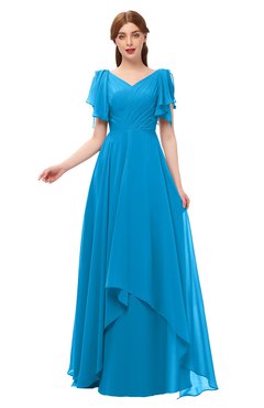 ColsBM Bailee Cornflower Blue Bridesmaid Dresses Floor Length A-line Elegant Half Backless Short Sleeve V-neck