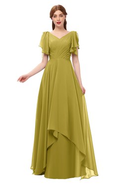ColsBM Bailee Golden Olive Bridesmaid Dresses Floor Length A-line Elegant Half Backless Short Sleeve V-neck