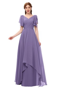 ColsBM Bailee Lilac Bridesmaid Dresses Floor Length A-line Elegant Half Backless Short Sleeve V-neck