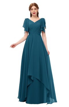 ColsBM Bailee Moroccan Blue Bridesmaid Dresses Floor Length A-line Elegant Half Backless Short Sleeve V-neck