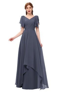 ColsBM Bailee Nightshadow Blue Bridesmaid Dresses Floor Length A-line Elegant Half Backless Short Sleeve V-neck