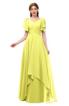 ColsBM Bailee Pale Yellow Bridesmaid Dresses Floor Length A-line Elegant Half Backless Short Sleeve V-neck