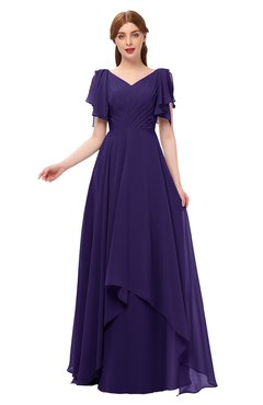 ColsBM Bailee Royal Purple Bridesmaid Dresses Floor Length A-line Elegant Half Backless Short Sleeve V-neck
