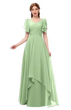 ColsBM Bailee Sage Green Bridesmaid Dresses Floor Length A-line Elegant Half Backless Short Sleeve V-neck