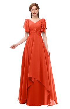 ColsBM Bailee Tangerine Tango Bridesmaid Dresses Floor Length A-line Elegant Half Backless Short Sleeve V-neck