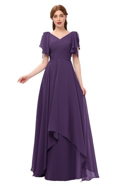ColsBM Bailee Violet Bridesmaid Dresses Floor Length A-line Elegant Half Backless Short Sleeve V-neck