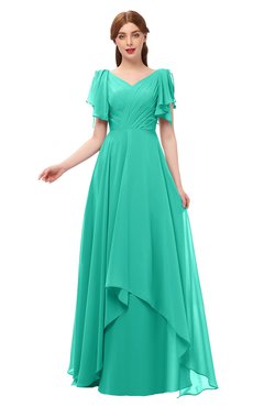 ColsBM Bailee Viridian Green Bridesmaid Dresses Floor Length A-line Elegant Half Backless Short Sleeve V-neck