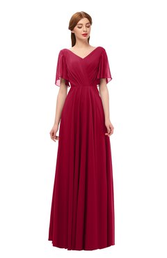 ColsBM Storm Dark Red Bridesmaid Dresses Lace up V-neck Short Sleeve Floor Length A-line Glamorous