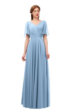 ColsBM Storm Dusty Blue Bridesmaid Dresses Lace up V-neck Short Sleeve Floor Length A-line Glamorous