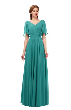 ColsBM Storm Emerald Green Bridesmaid Dresses Lace up V-neck Short Sleeve Floor Length A-line Glamorous