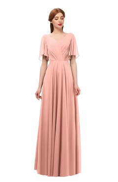 ColsBM Storm Peach Bridesmaid Dresses Lace up V-neck Short Sleeve Floor Length A-line Glamorous