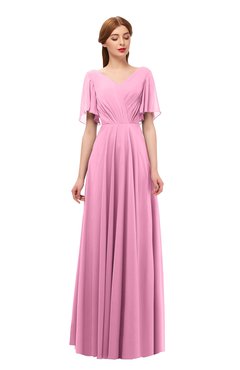 ColsBM Storm Pink Bridesmaid Dresses Lace up V-neck Short Sleeve Floor Length A-line Glamorous