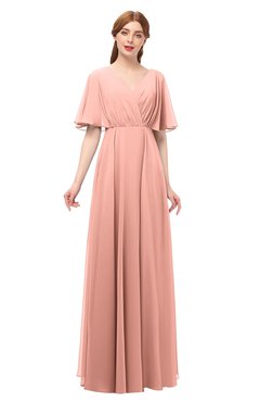 ColsBM Allyn Peach Bridesmaid Dresses A-line Short Sleeve Floor Length Sexy Zip up Pleated