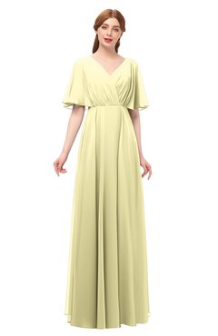 ColsBM Allyn Soft Yellow Bridesmaid Dresses A-line Short Sleeve Floor Length Sexy Zip up Pleated