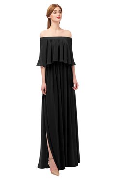 ColsBM Clair Black Bridesmaid Dresses Glamorous Zipper Ruching Floor Length Off The Shoulder Short Sleeve