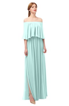 ColsBM Clair Blue Glass Bridesmaid Dresses Glamorous Zipper Ruching Floor Length Off The Shoulder Short Sleeve