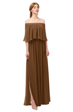 ColsBM Clair Brown Bridesmaid Dresses Glamorous Zipper Ruching Floor Length Off The Shoulder Short Sleeve