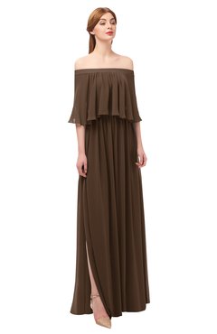 ColsBM Clair Chocolate Brown Bridesmaid Dresses Glamorous Zipper Ruching Floor Length Off The Shoulder Short Sleeve