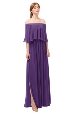 ColsBM Clair Dark Purple Bridesmaid Dresses Glamorous Zipper Ruching Floor Length Off The Shoulder Short Sleeve