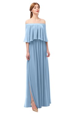 ColsBM Clair Dusty Blue Bridesmaid Dresses Glamorous Zipper Ruching Floor Length Off The Shoulder Short Sleeve