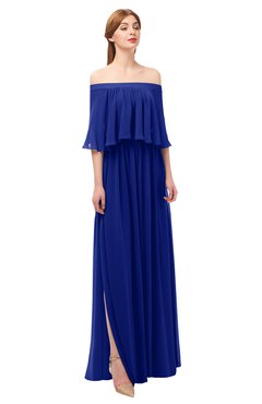 ColsBM Clair Electric Blue Bridesmaid Dresses Glamorous Zipper Ruching Floor Length Off The Shoulder Short Sleeve