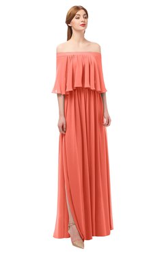 ColsBM Clair Fusion Coral Bridesmaid Dresses Glamorous Zipper Ruching Floor Length Off The Shoulder Short Sleeve
