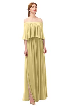 ColsBM Clair Gold Bridesmaid Dresses Glamorous Zipper Ruching Floor Length Off The Shoulder Short Sleeve