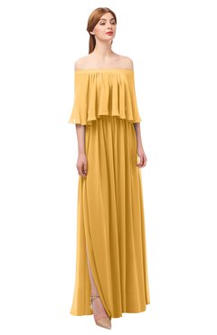ColsBM Clair Golden Cream Bridesmaid Dresses Glamorous Zipper Ruching Floor Length Off The Shoulder Short Sleeve