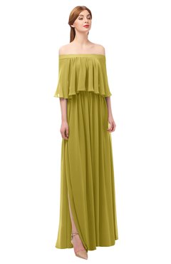 ColsBM Clair Golden Olive Bridesmaid Dresses Glamorous Zipper Ruching Floor Length Off The Shoulder Short Sleeve