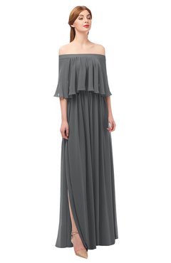 ColsBM Clair Grey Bridesmaid Dresses Glamorous Zipper Ruching Floor Length Off The Shoulder Short Sleeve