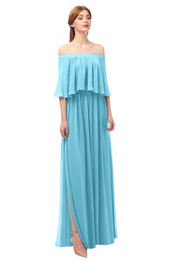 ColsBM Clair Light Blue Bridesmaid Dresses Glamorous Zipper Ruching Floor Length Off The Shoulder Short Sleeve