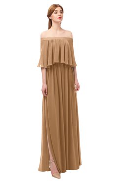 ColsBM Clair Light Brown Bridesmaid Dresses Glamorous Zipper Ruching Floor Length Off The Shoulder Short Sleeve