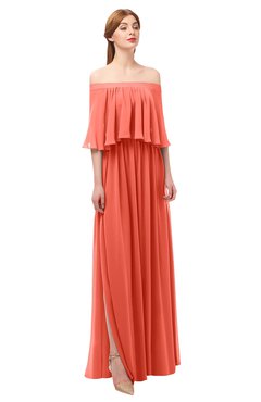 ColsBM Clair Living Coral Bridesmaid Dresses Glamorous Zipper Ruching Floor Length Off The Shoulder Short Sleeve