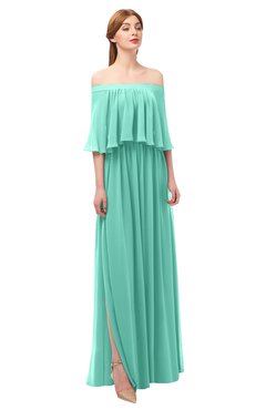 ColsBM Clair Mint Green Bridesmaid Dresses Glamorous Zipper Ruching Floor Length Off The Shoulder Short Sleeve